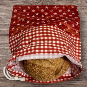Red & White Checkered Bread Bag with Stars | Reusable Cotton Farmhouse Kitchen